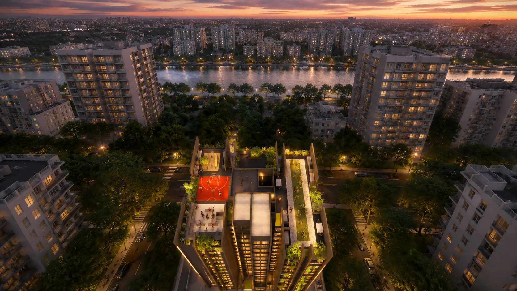 Aerial view of Altura at dusk among neighbouring towers