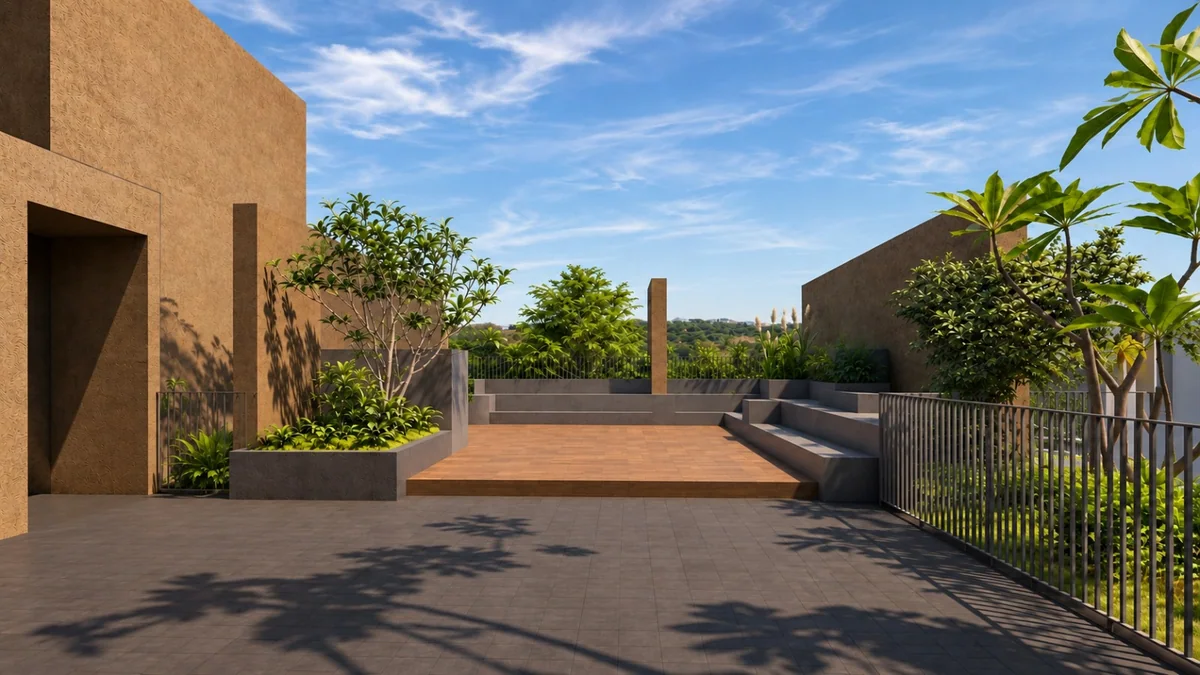 Open-air amphitheatre surrounded by planting