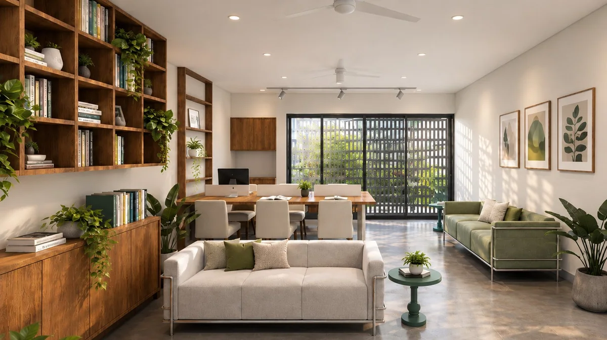 Co-working room with desks, bookshelves and lounge seating