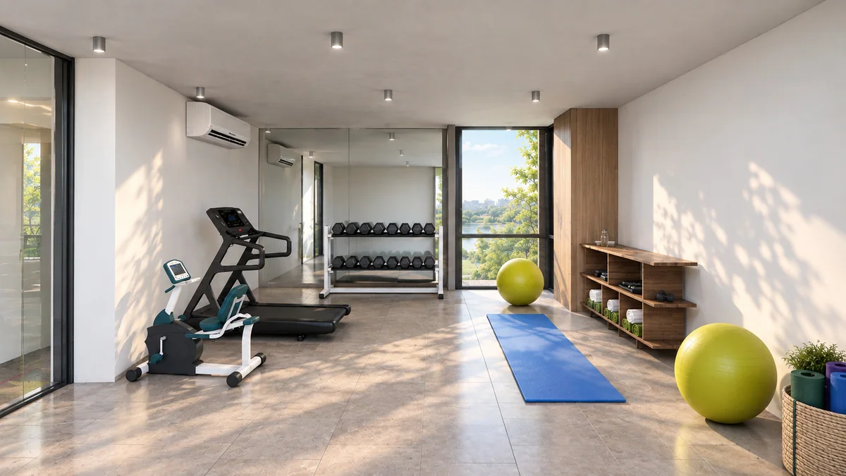 Gym with cardio equipment and free weights
