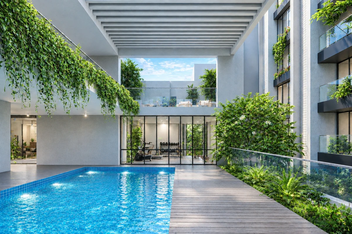 Swimming pool in a planted courtyard