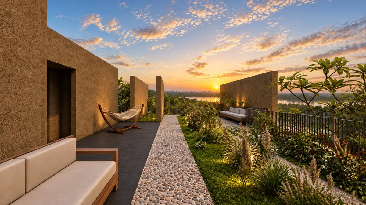 Landscaped terrace with seating and a hammock