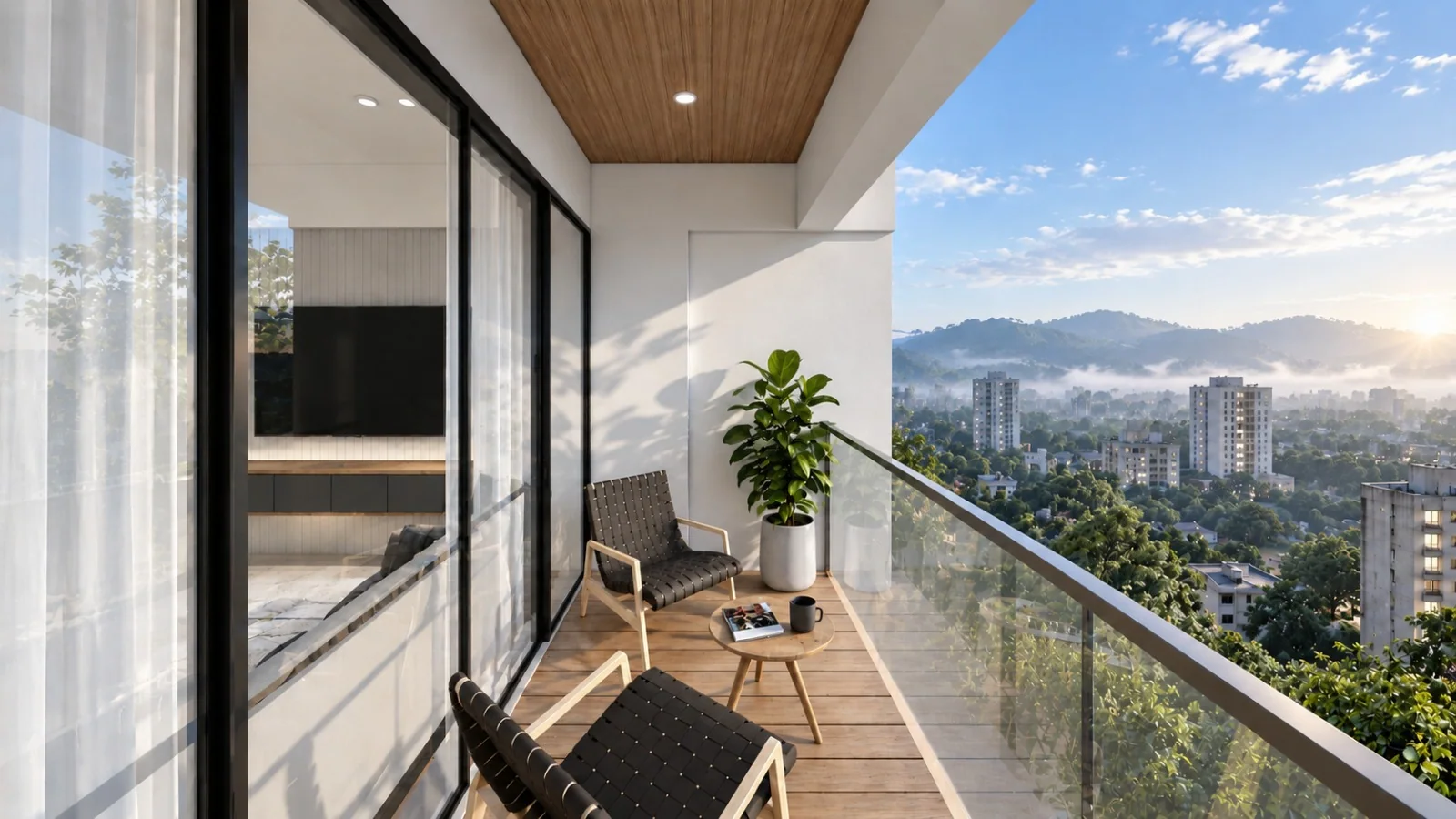 Wide balcony overlooking a green neighbourhood