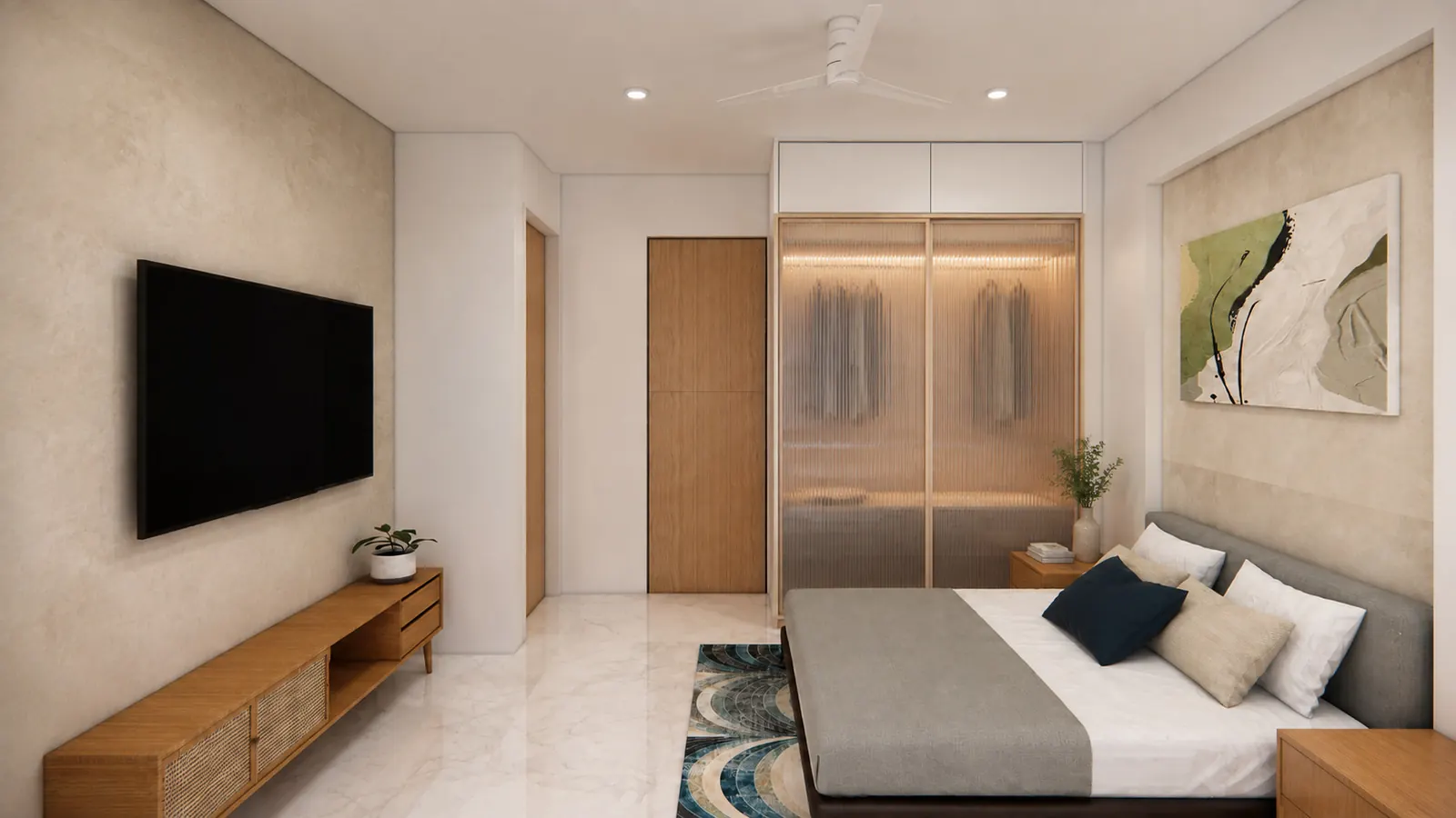 Bedroom with a wardrobe, TV unit and double bed