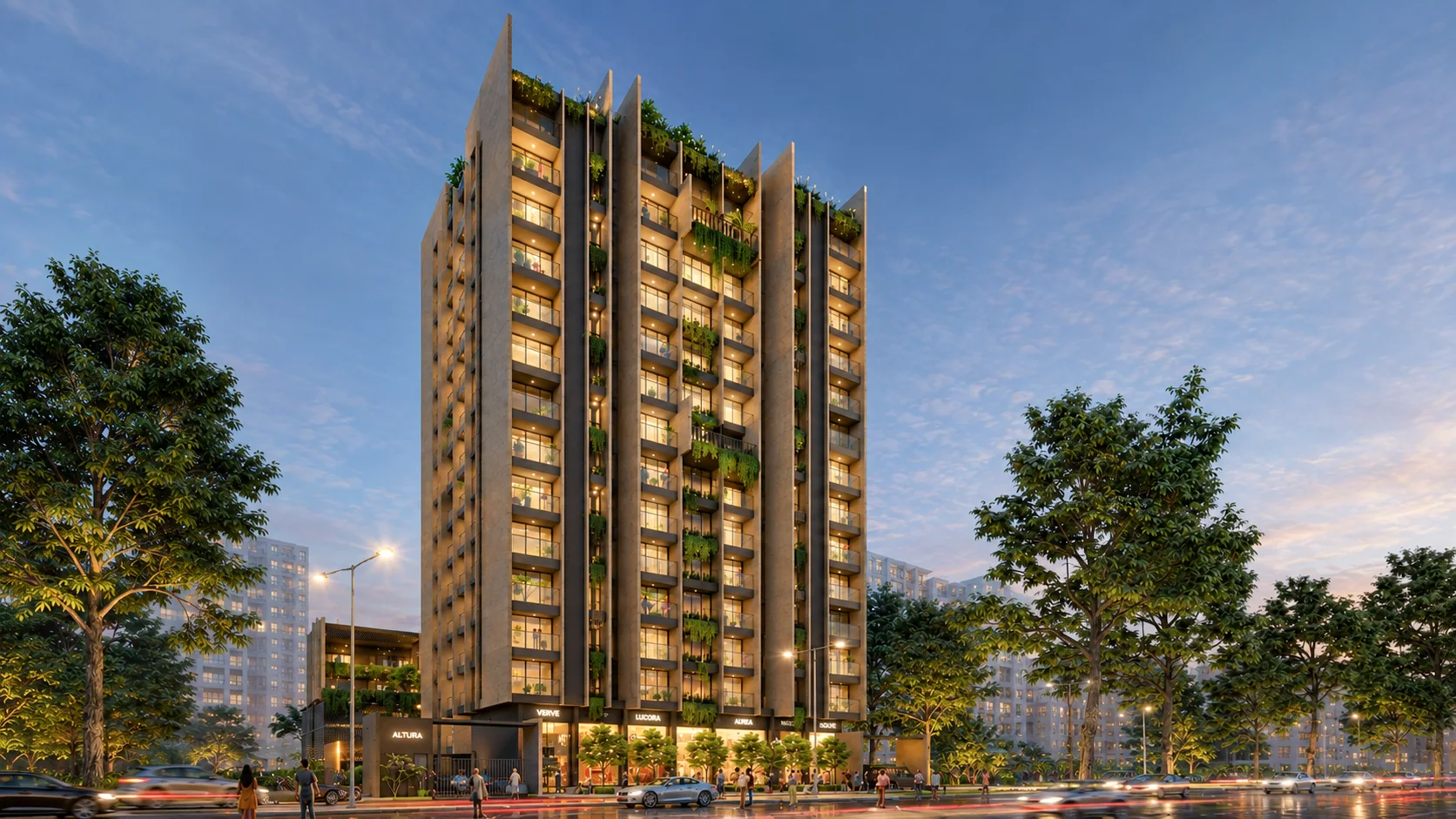 Altura tower and retail frontage at dusk