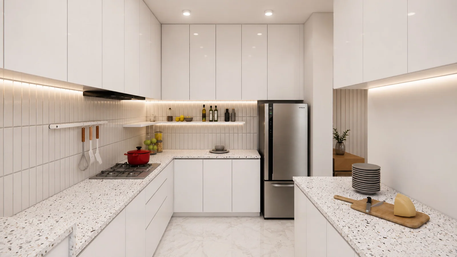 L-shaped kitchen with a service counter