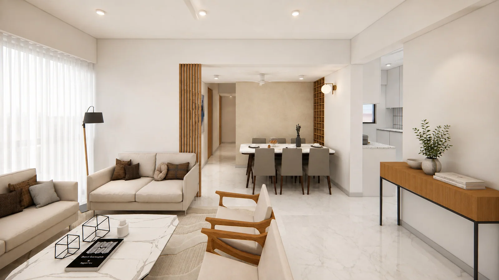 Open living and dining room with full-height windows