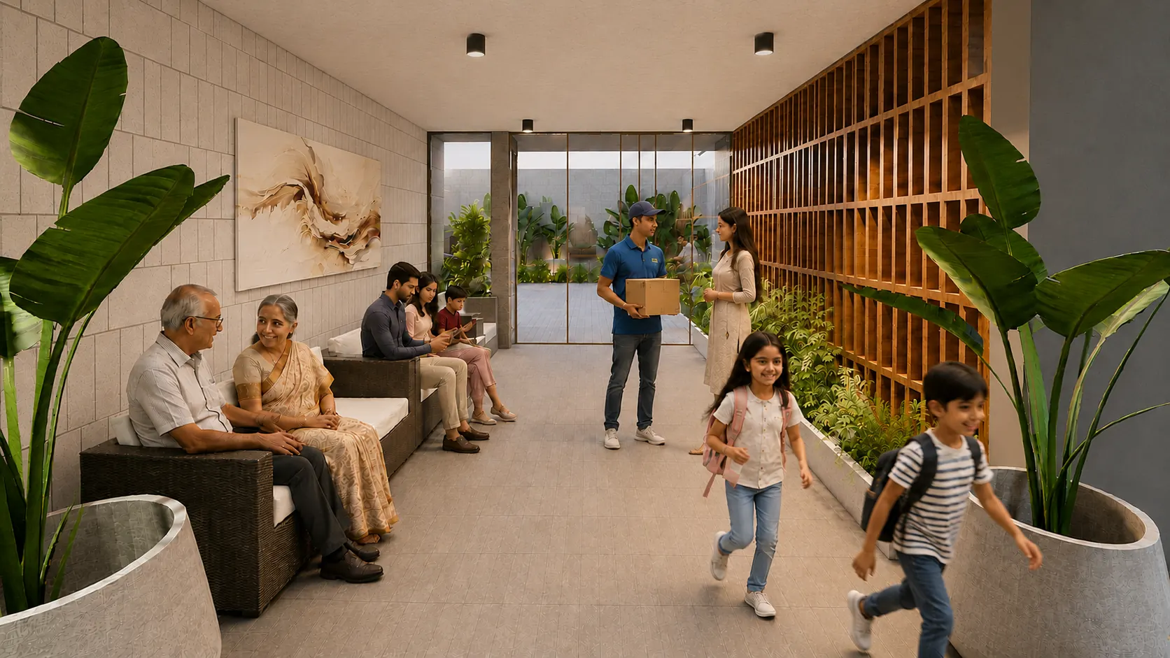 Planted lobby with seating where residents and children pass through
