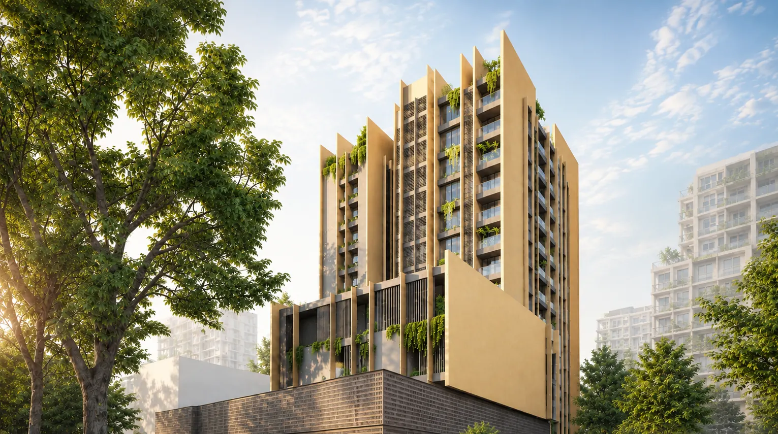 Altura tower rising above its podium and planted terraces