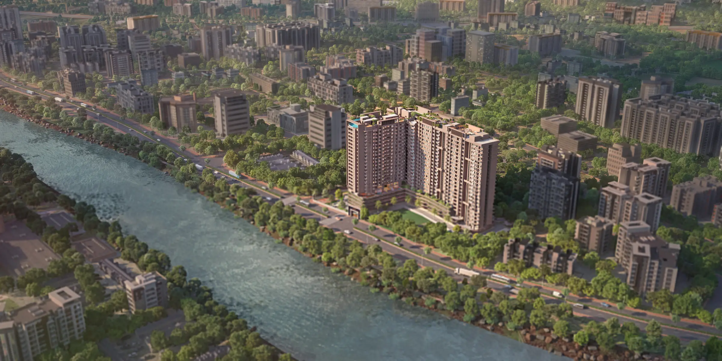 Aerial view of Aura Waters beside the river