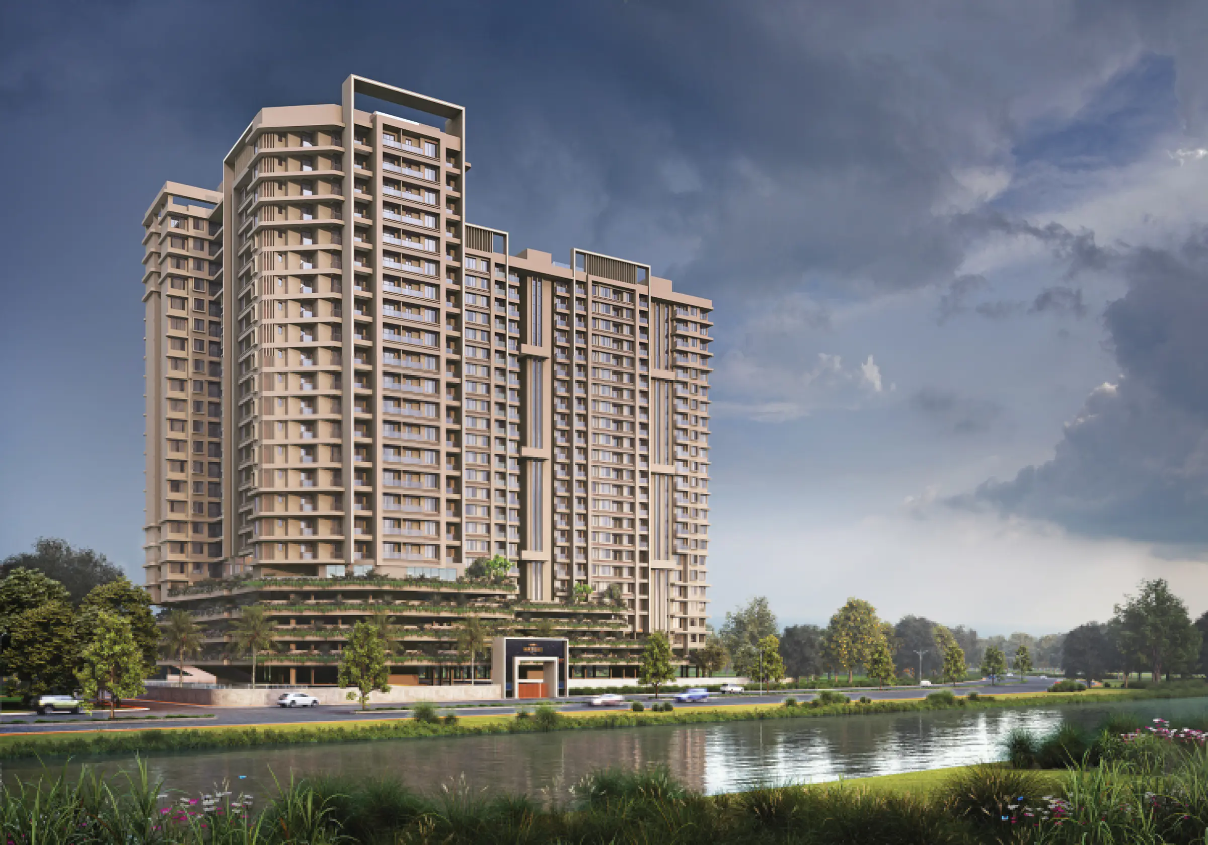Aura Waters towers at dusk