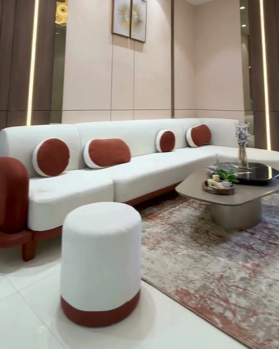 Living room with a white sectional sofa