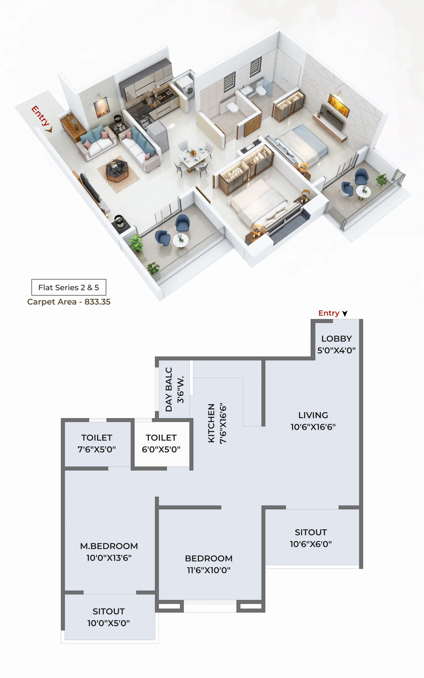 2 BHK plan: living room 10'6" × 16'6", two bedrooms, two toilets, kitchen, two sit-outs and a dry balcony