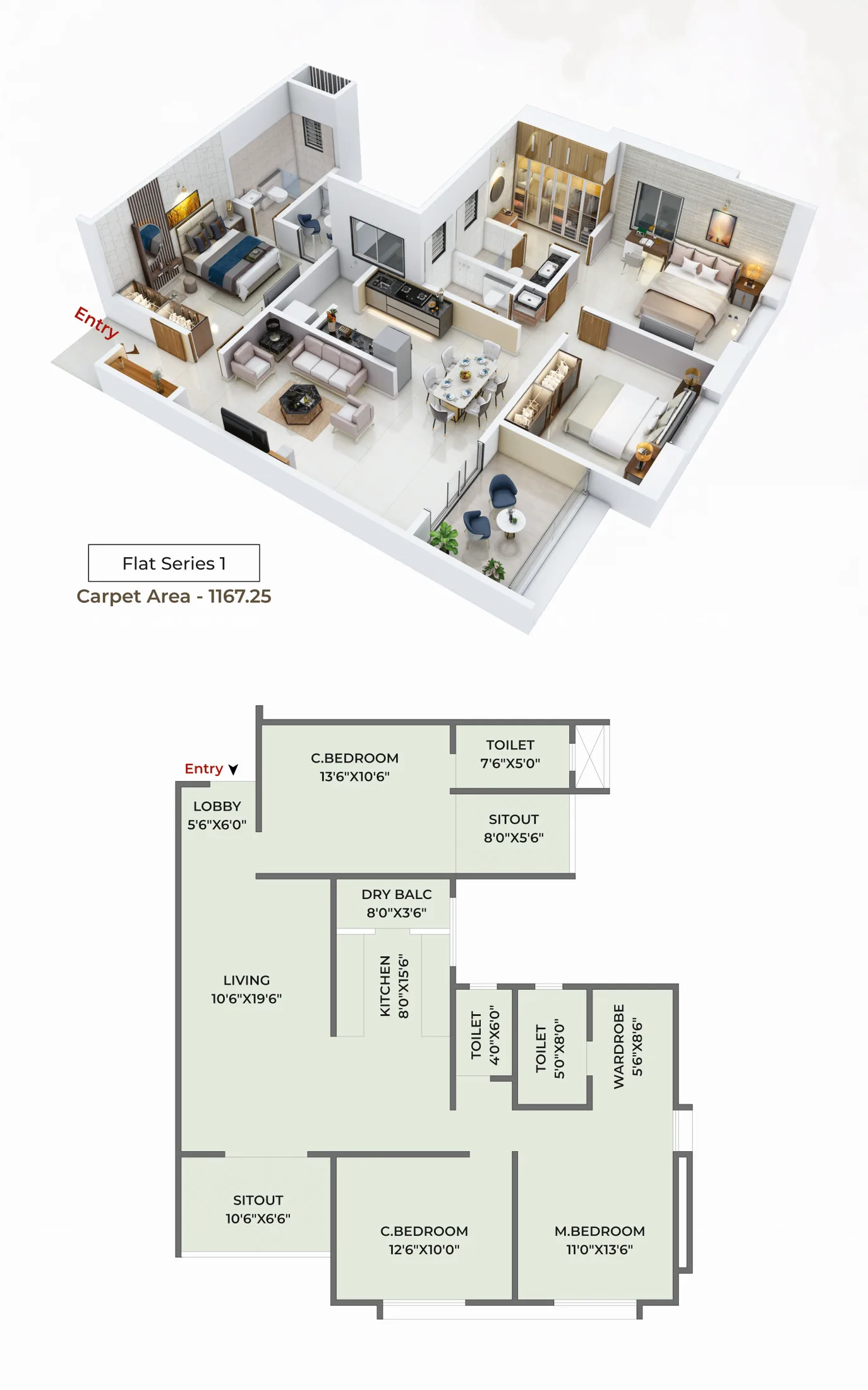 3 BHK plan, flat series 1