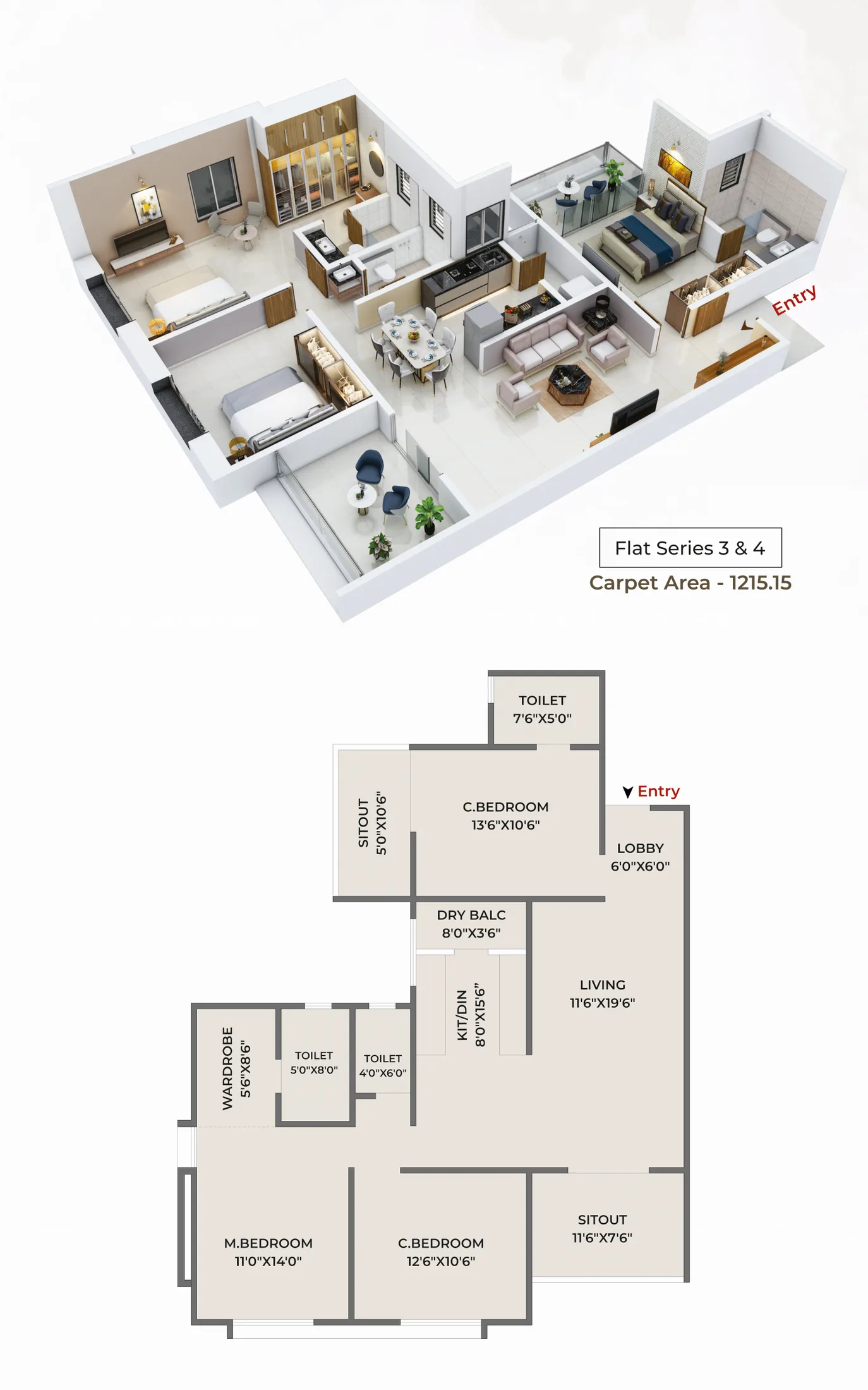 3 BHK plan, flat series 3 and 4