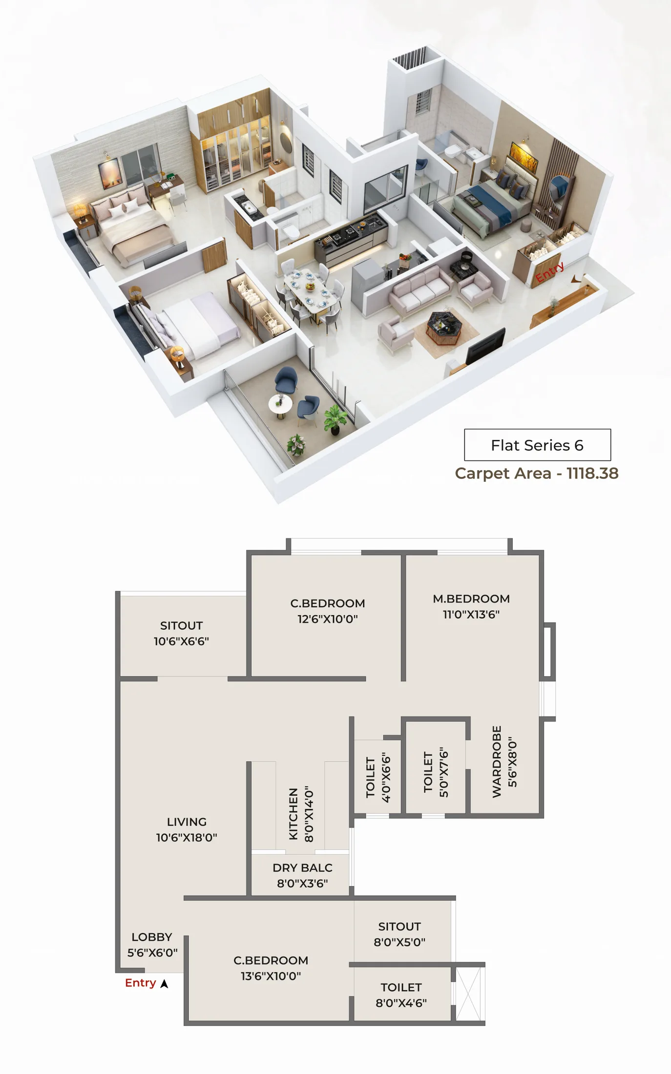 3 BHK plan, flat series 6