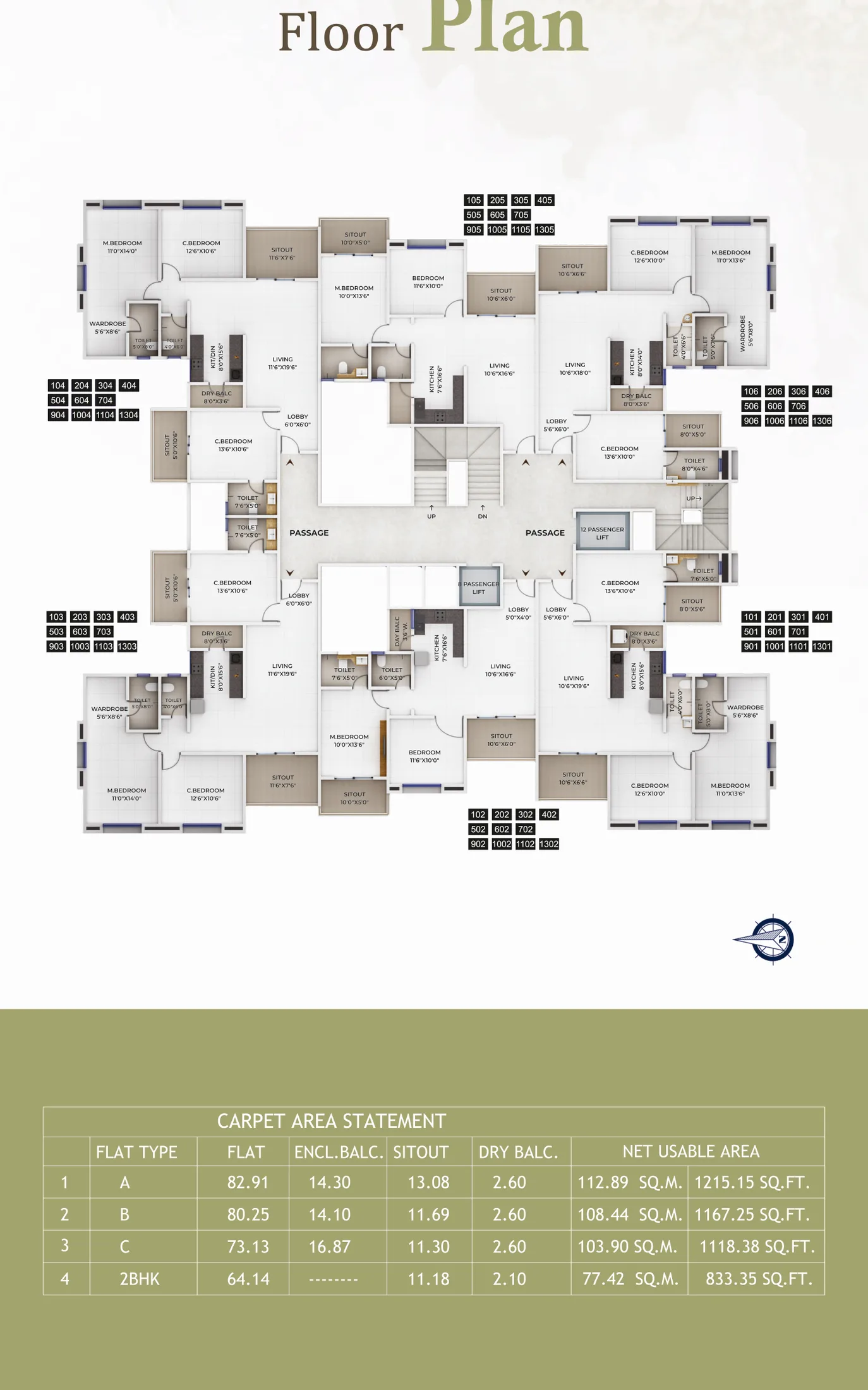 Typical floor plan with the carpet area statement for each flat